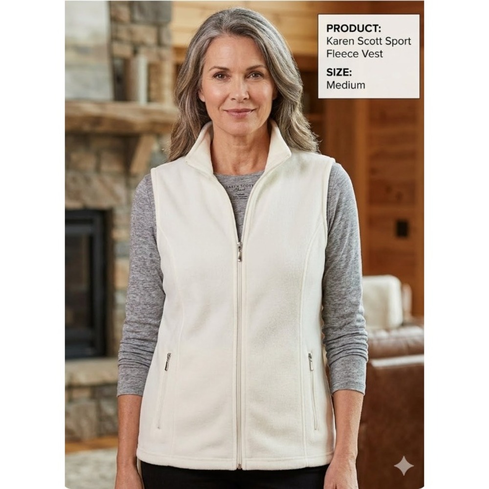 Karen Scott Fleece Vest Medium White Sport Zip Up Mock Neck Casual Warm Gorpcore